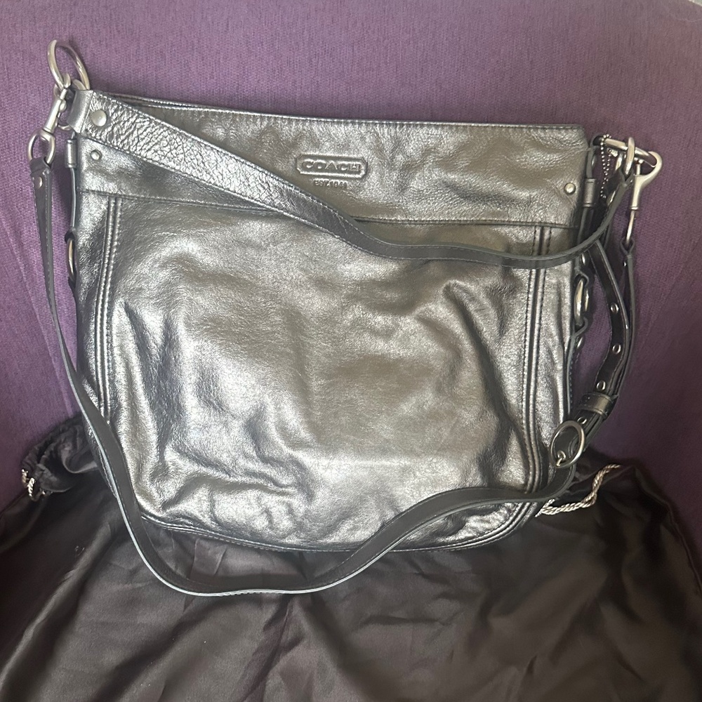 14706 Coach Zoe Silver Metallic Leather Hobo Bag